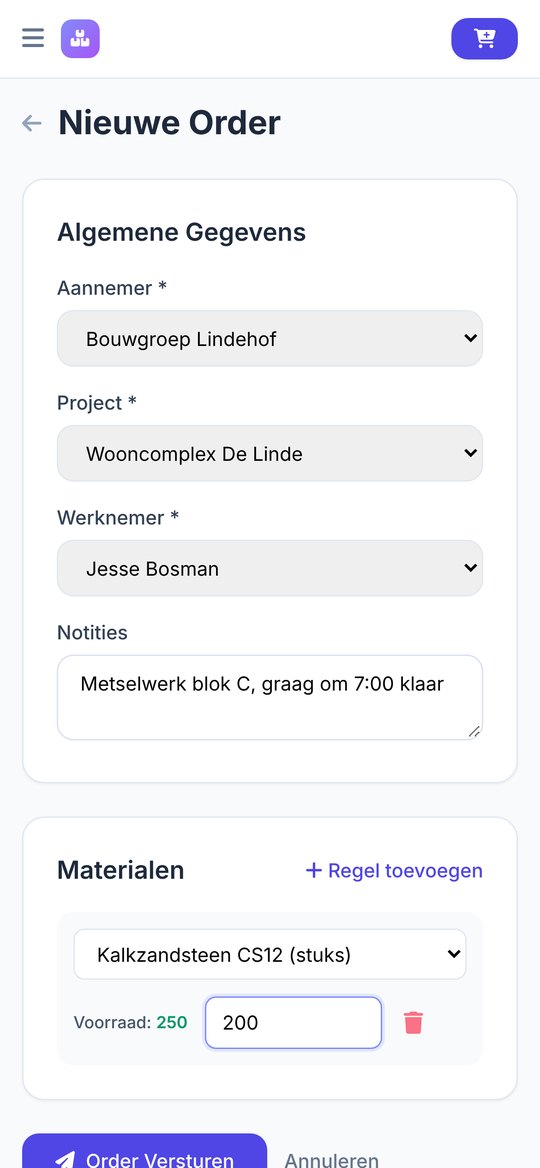 Schermafbeelding: De uitvoerder bestelt vanaf de bouwplaats