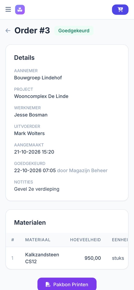 Goedgekeurde order met knop om de pakbon te printen